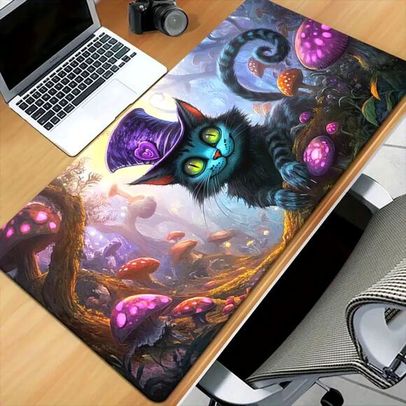 Whimsical Cartoon Magic Cat with Bowler Hat & Mushroom Forest XXL Mousepad 24x12 - Picture 2 of 2